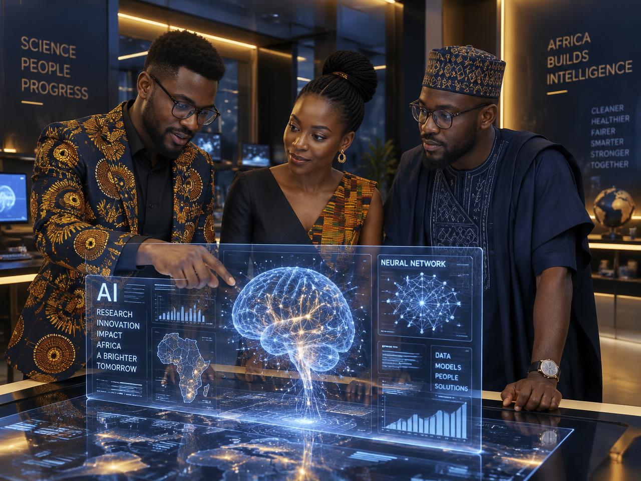 Young African professionals in contemporary African attire collaborating with AI technology
